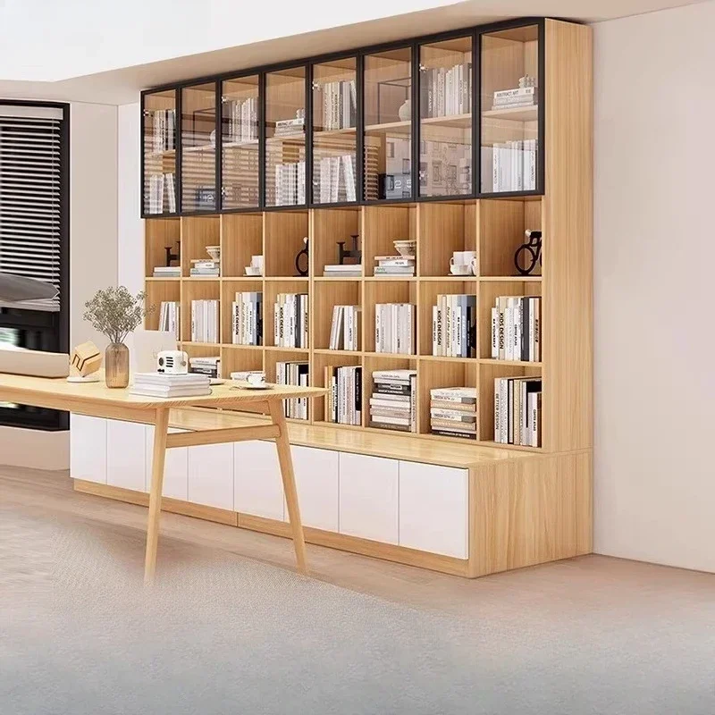 Solid Wood Bookcase Combination Living Room Glass Whole Wall Floor Stool Door Household Card Holder