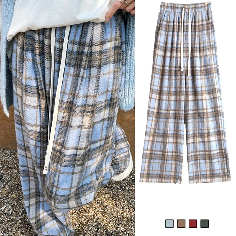 Blue Plaid Wide Leg Pants Women's Casual Loose Drapey Autumn Winter New Sle Small Size Woolen Trousers High Waist Straight Cut