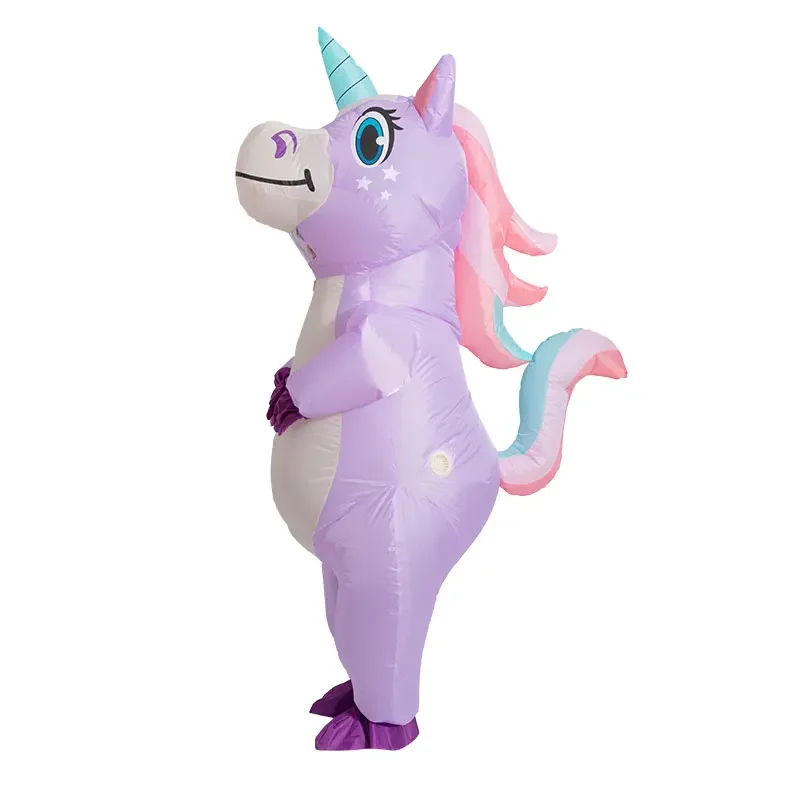 Disfraz inflable de unicornio de cuerpo completo para adultos y niños, con soplador, 4 colores, traje de Cosplay para caminar, fiesta y espectáculo