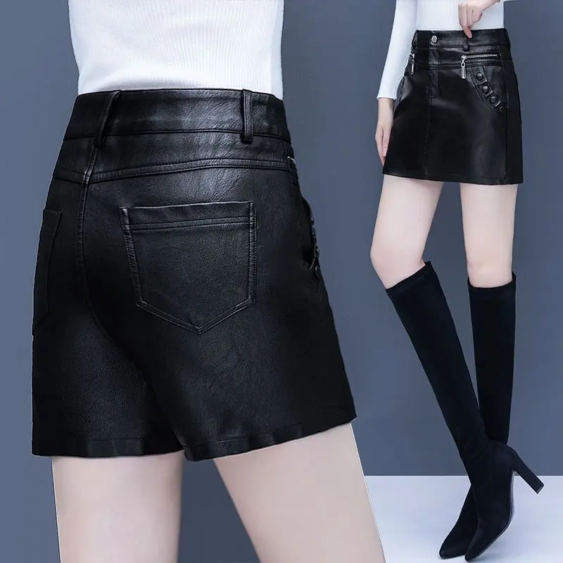 High Waist A-Line  Skirt Women's Fashion plus Size Leather Pants Booty Shorts Thickened Autumn New Style Korean Version