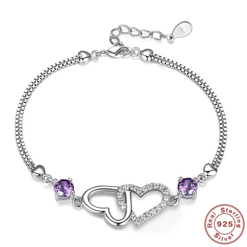 

S925 Sterling Silver Bracelet Inlaid With Natural Amethyst Zircon Heart Lady Bracelet, Charm Jewelry Gift Wedding Jewelry