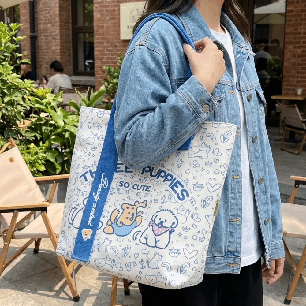 New Canva Tote Bag Cartoon Dog Print Zipper Closure Shoulder Bag Shoulder Strap Lightweight Student Handbag Casual Outing