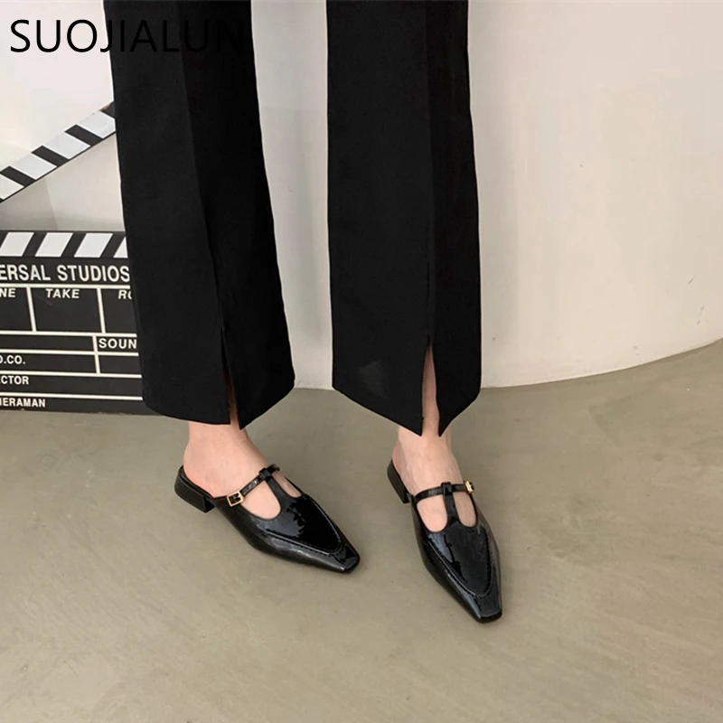 SUOJIALUN 2023 Summer New Women Slipper Fashion Slip On Ladies Elegant Mules Shoes Square Low Heel Dress Sandal Casual Slides