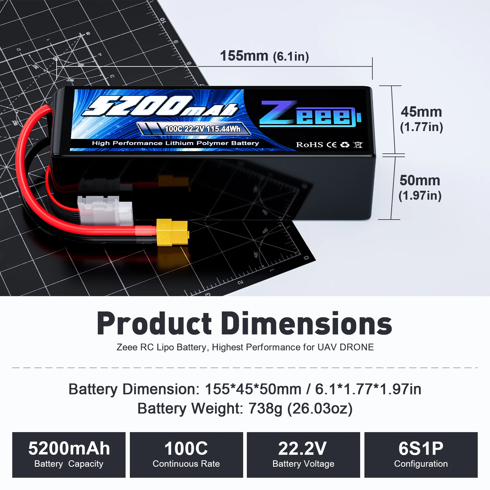 Zeee Lipo Battery 6S 5200mAh FPV Drone 22.2V 100C with XT60 Plug for UAV Airplane Helicopter RC Car Truck Boat RC Models Parts