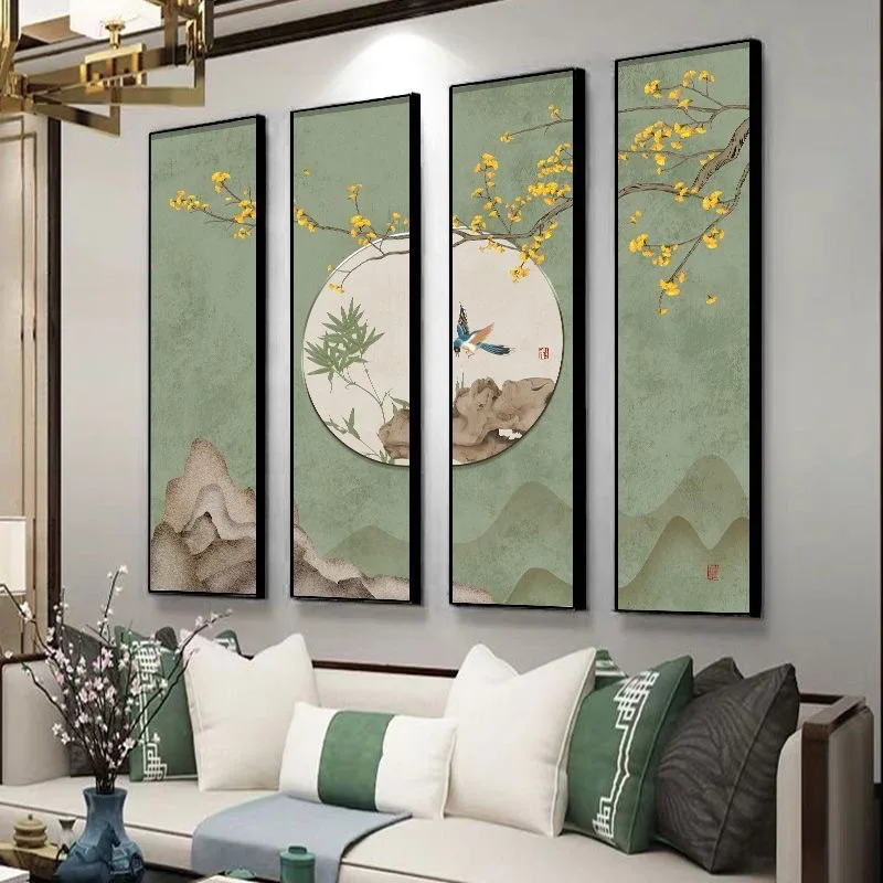 

New Chinese style zen flowers and birds bambooest room decorative painting living room quadruple combination hanging painting
