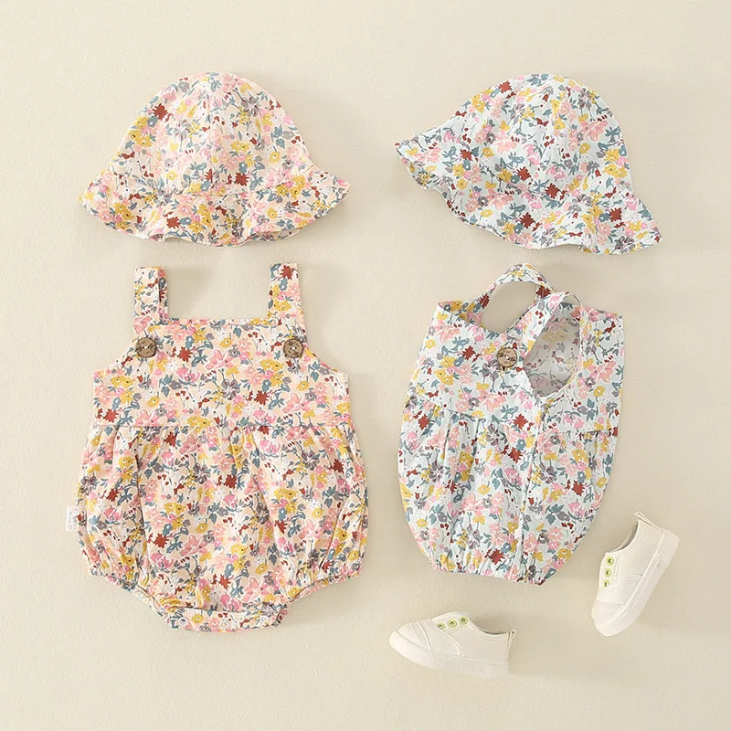 

Summer Baby Girls Clothes Lovely Baby Romper+Hat Sleeveless Vest Cotton Floral Infants Clothing One Piece Jumpsuits