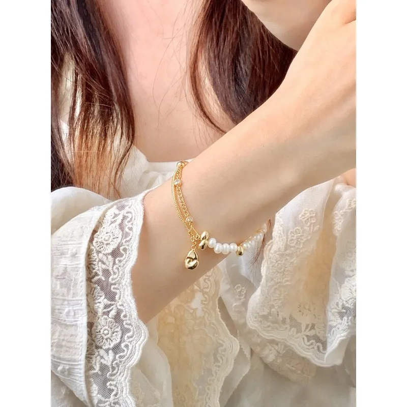 Double Layer Pearl Irregular Pendant Jewelry Gentle Niche Style Beaded Chain Hand Accessory Sweet Romantic Charm Gift for Women