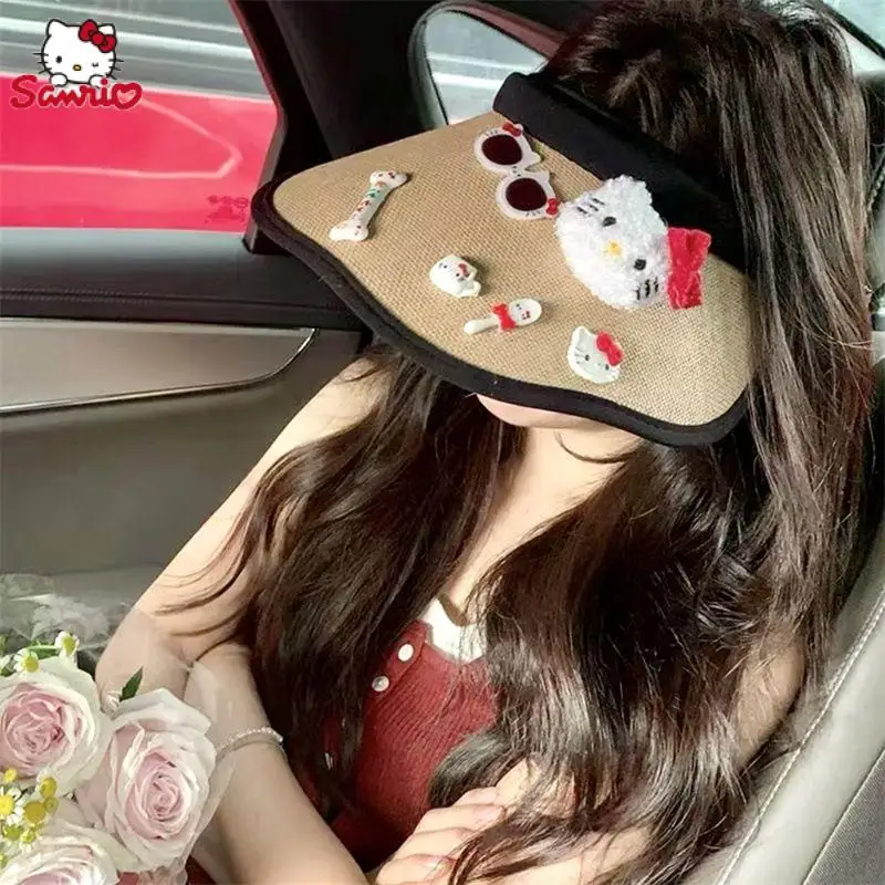 

Kawaii Sanrio Anime Straw Hat Cute Hello Kitty Cartoon Sunscreen Curve Hat Decorative Empty Top Cycling Outdoor Hat Girls Gifts