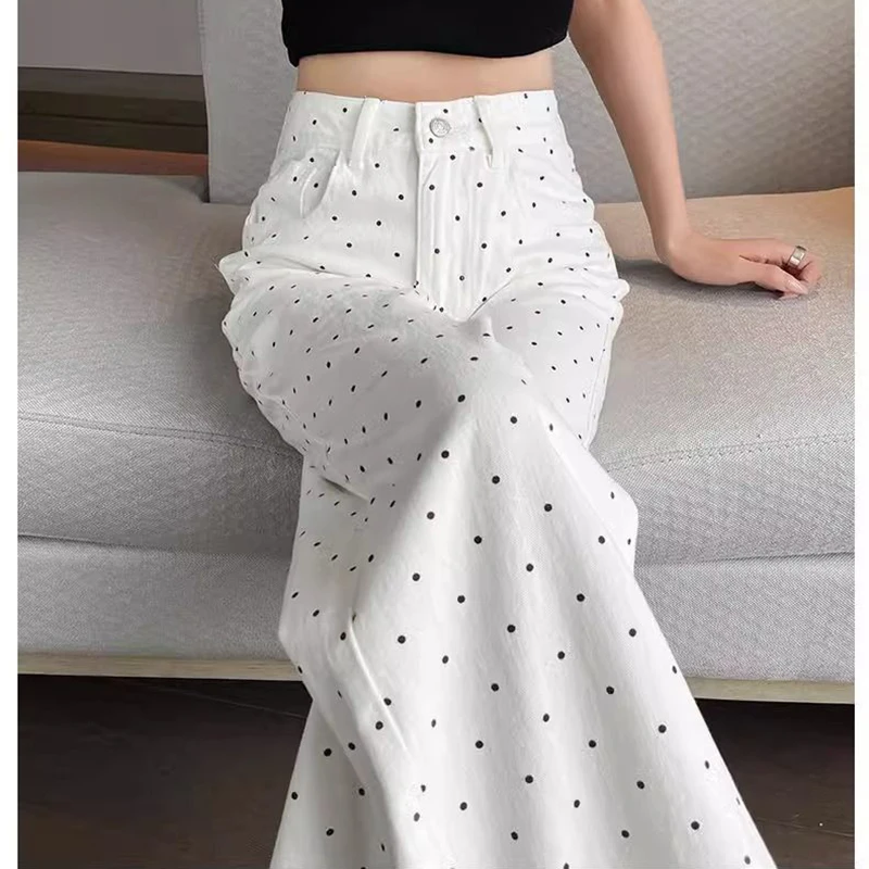 Wave Point Floral Wide-leg Jeans Women's Autumn Winter 2026 New Style Thin High Waist Loose White Casual Straight Trousers