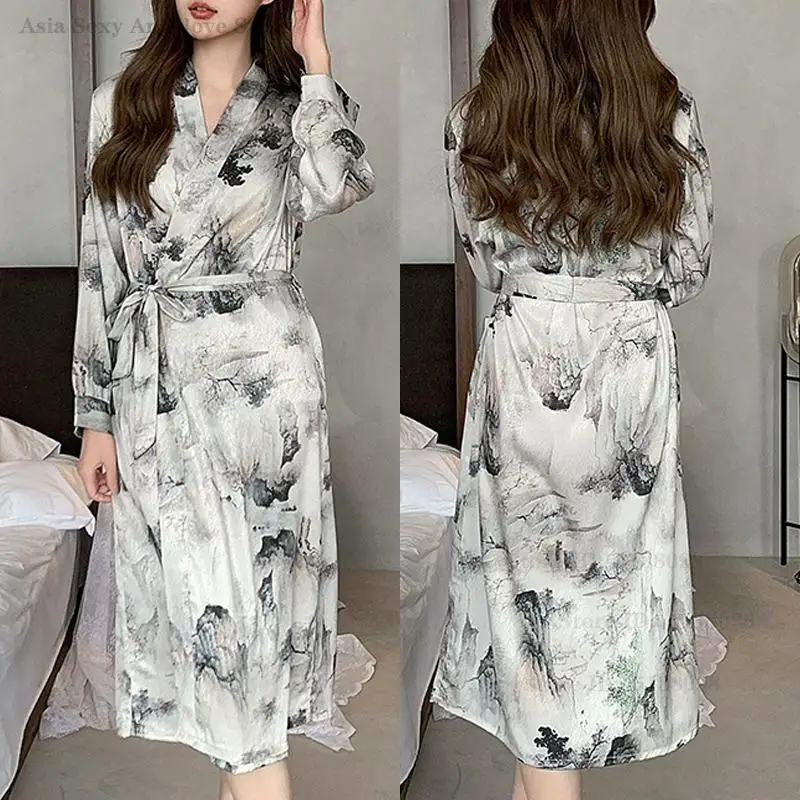 

Printed Female Long Robe Negligee Nightgown Silk Satin Kimono Bathrobe Gown Homewear Loose Casual Sleepwear Lingerie Lounge Wear