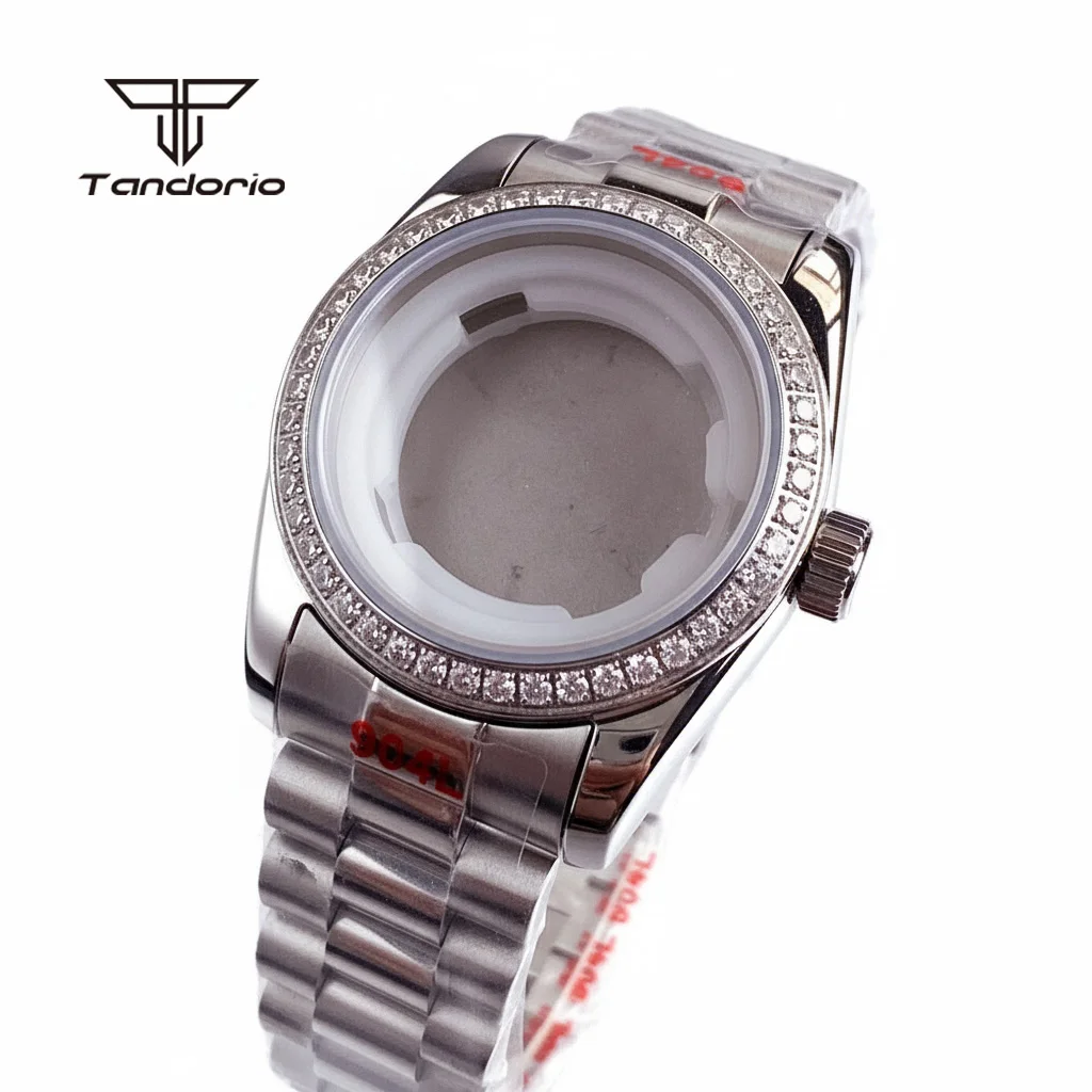 Stainless Steel 31mm Lady's Watch Case+Bracelet Diamond-set Bezel Fit NH05 NH06 Sapphire Women Wristwatch Mod Parts Two Tone