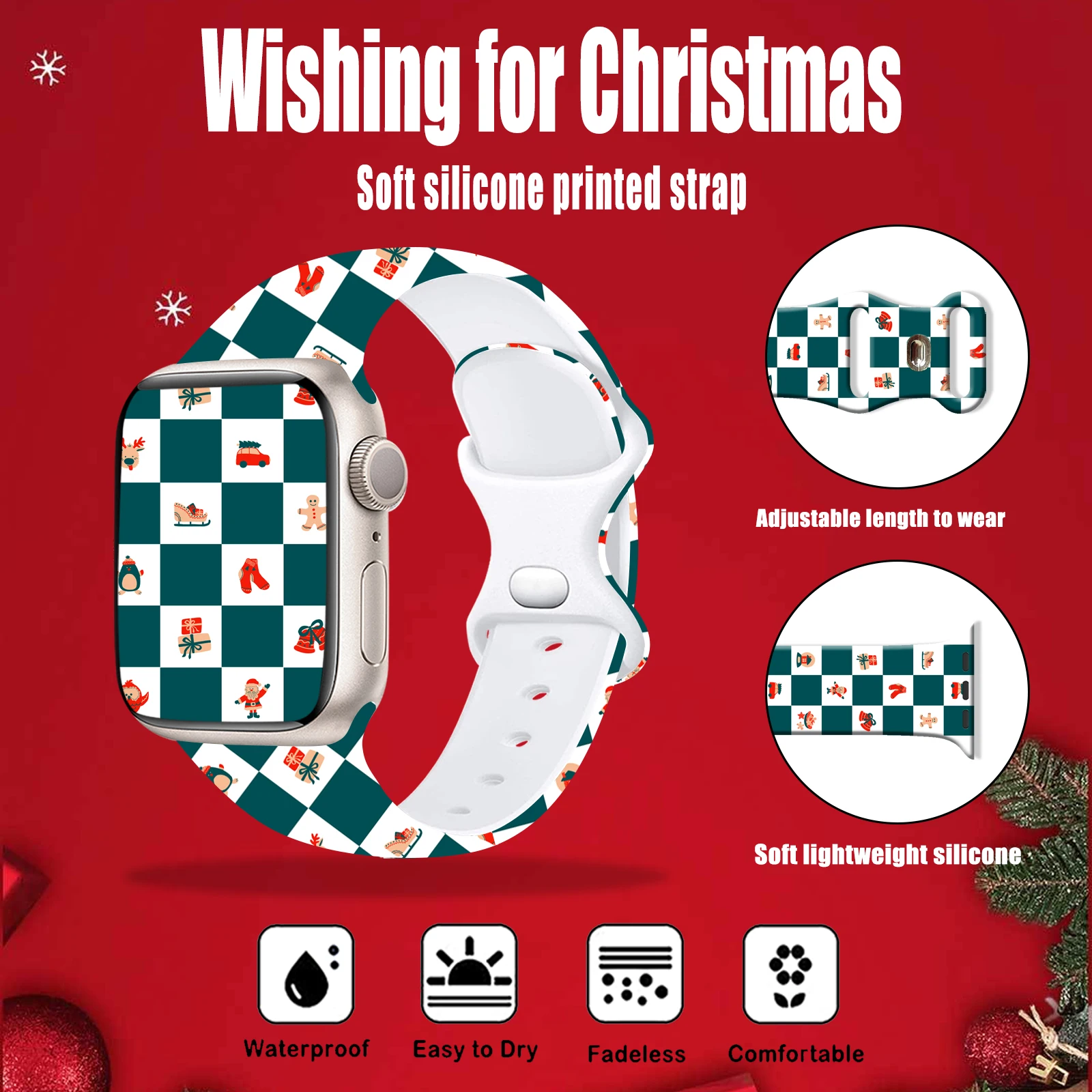 حزام مطبوع بنمط ممتاز لعيد الميلاد لساعة Apple Watch Series 11-9، سوار سيليكون ناعم مقاوم للماء 46 مم 45 مم 44 مم 42 مم #2