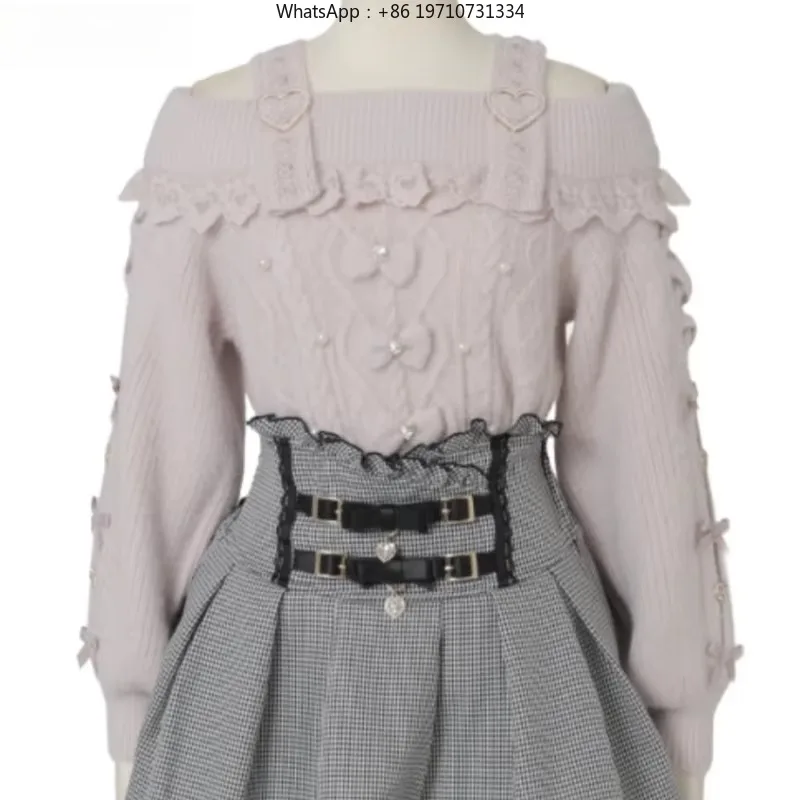 Women Sweet Lolita Knitted Sweater Off Shoulder Plush Bow Vintage Harajuku Autumn Pullover