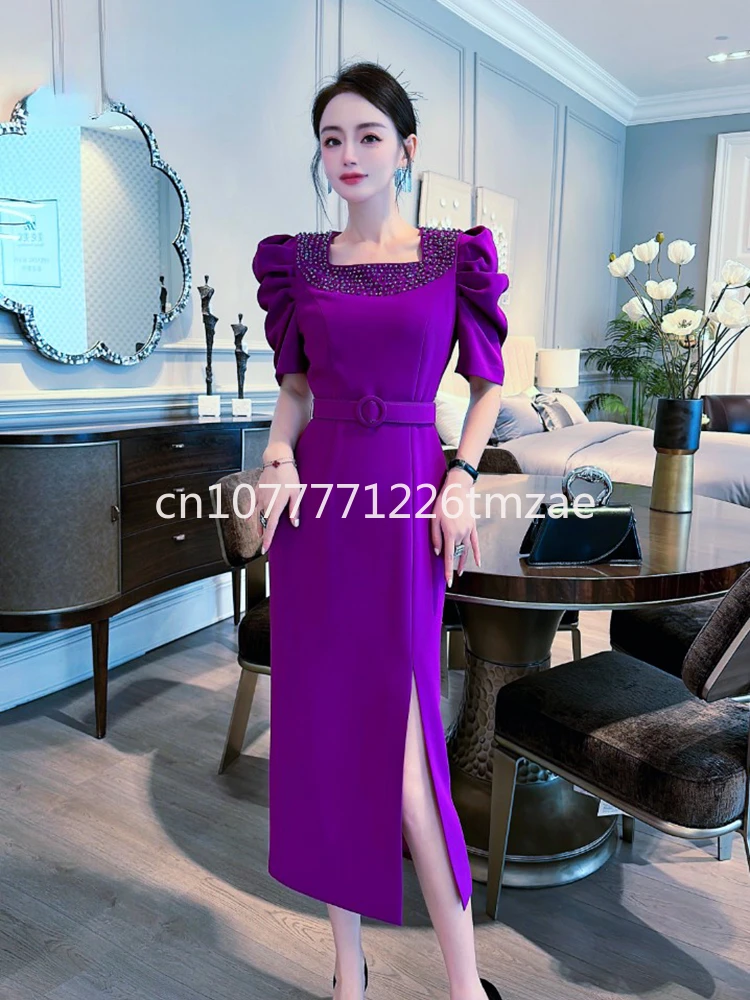 Evening Dress Midi Skirt Vest Carnival Elegant Square Collar Purple Luxury Bead Red Special Event Ladies