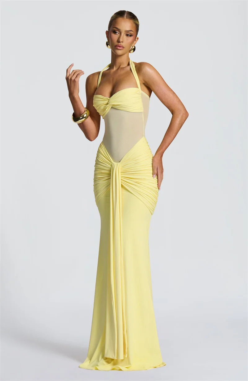 Mozision Halter-Backless Sexy Maxi Kleid Frauen Mode Patchwork Off-schulter Ärmellose Geraffte Drapierte Bodycon Club Party Kleid – Detail 13