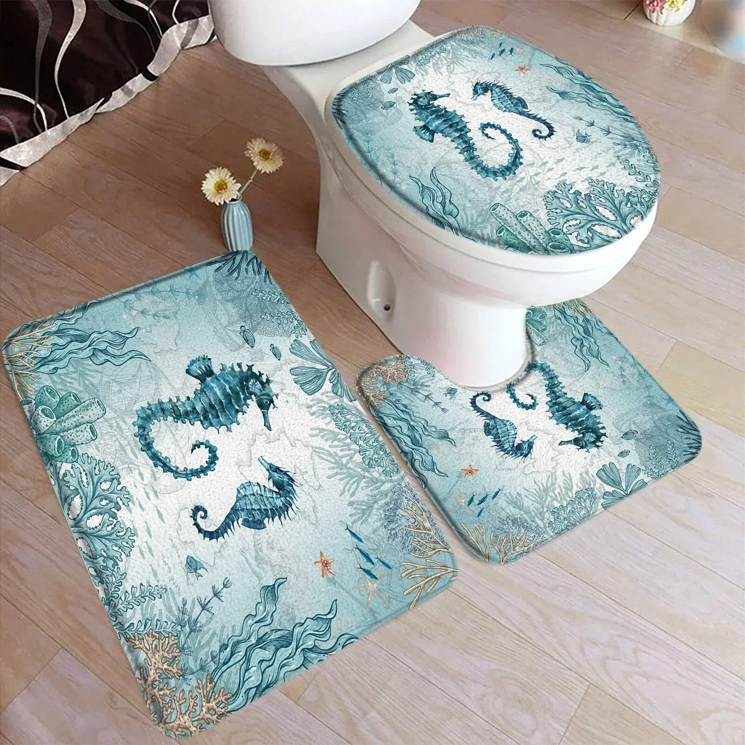 Ocean Octopus Bath Mat Set Sea Turtle Seahorse Vintage Nautical Map Sailboat Home Carpet Bathroom Decor Floor Rugs Toilet Cover