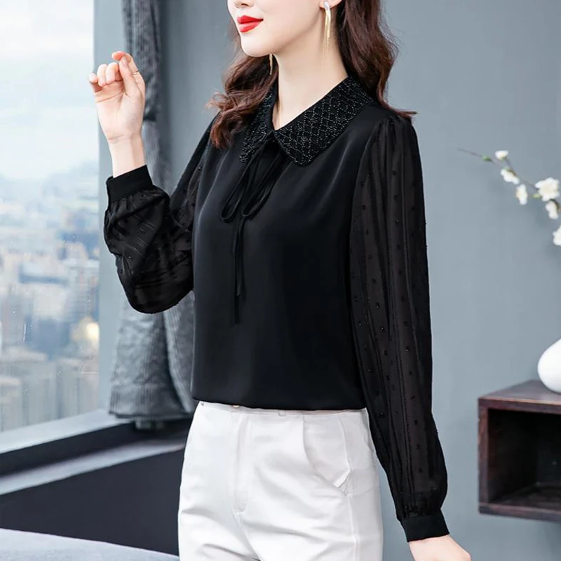 Women Bow Lace Up Beaded Chic Elegant Blouse Office Lady Fashion Black Chiffon Shirts Long Sleeve Tops 2024 Spring Summer Blusas