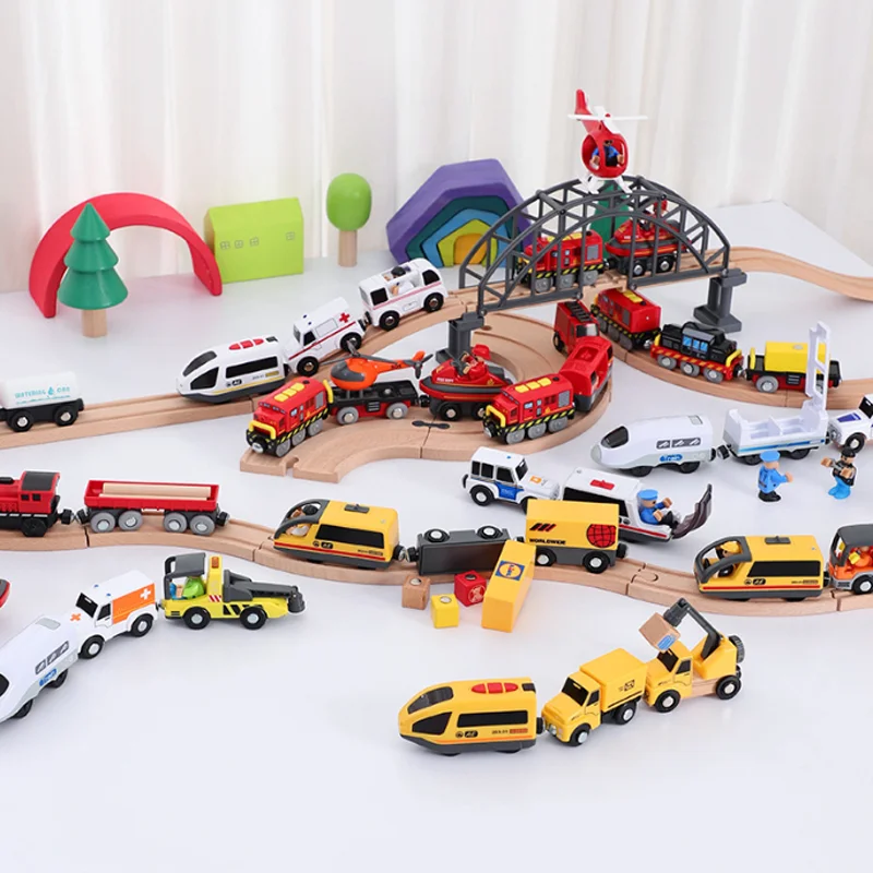Children's Wooden Track Toy Electric Train Trolley Set Magnetic Connection Locomotive Transport Fire Rescue Scene