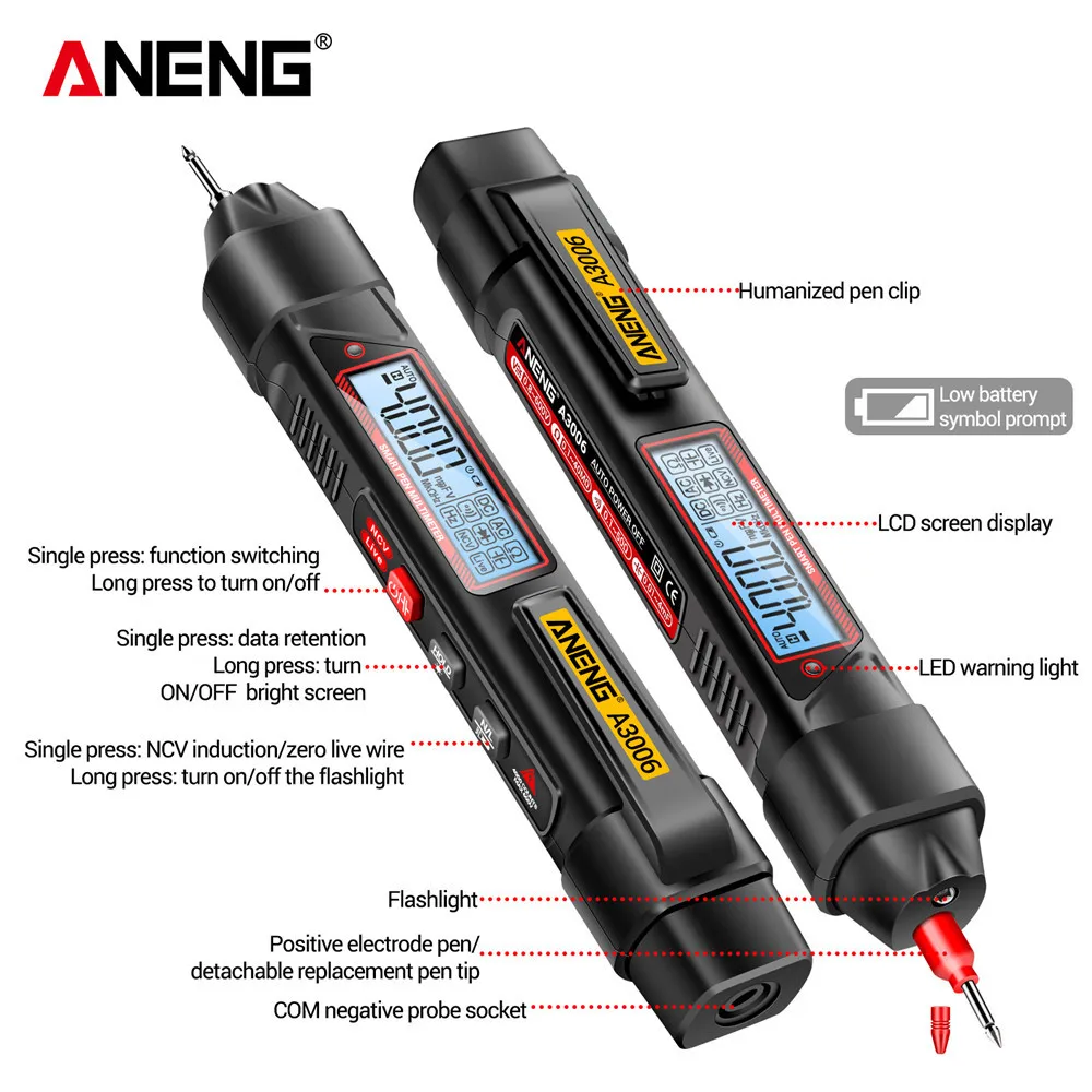 ANENG A3006 4000 Counts Multifunctional Pen Type Multimeter AC/DC Voltage Tester Ohm Hz Zero Fire Line Detector Electric Tools