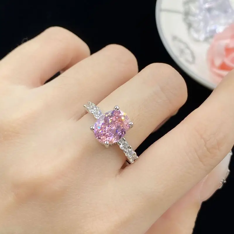 S925 pure silver ice-cut imported zirconium stone fluorescent light-changing pigeon egg ladies' fashionable ring jewelry