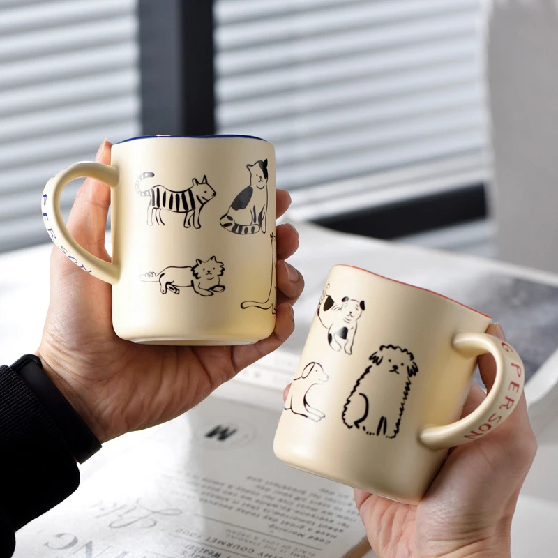 

Heat Resistant Ceramic Cat and Dog Mug, Hand Painted Mug, Household Juice Cup, Microwave Safe, Cat and Dog Couple Mug, 420ml