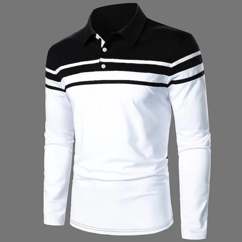 Men's 3D Print Patchwork Color Polo Shirt Simple Design Comfortable Lapel Button Tops Autumn Street Long Sleeve Clothes For Male