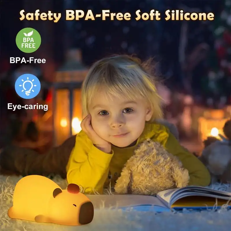 Capybara-Luz LED de noche tumbada, lámpara de animales blandos, lámpara táctil recargable regulable de 7 colores para mesita de noche, novedad