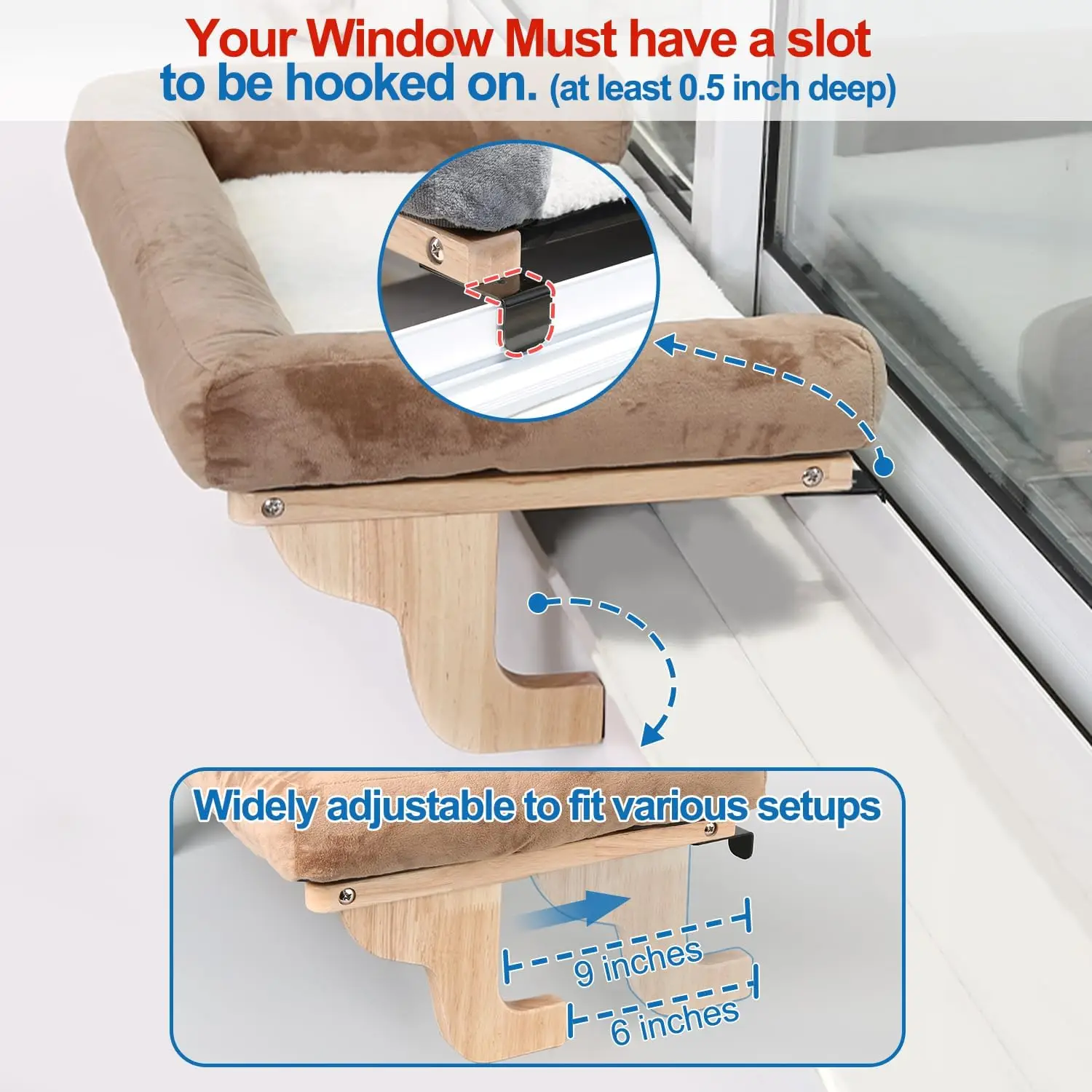 Cat Perch for Window Sill with Bolster - Orthopedic Hammock Design with Premium Hardwood & Robust Metal Frame - Cat Window Seat for Large Cats - Natural Color Wood Gray Bed, 26.4''W - view 5