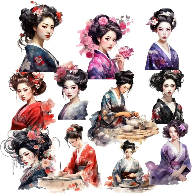 Cute Japanese geisha and kimono girl in watercolor style Stationery Sticker Journal Decoration, Waterproof And Scrapbooking