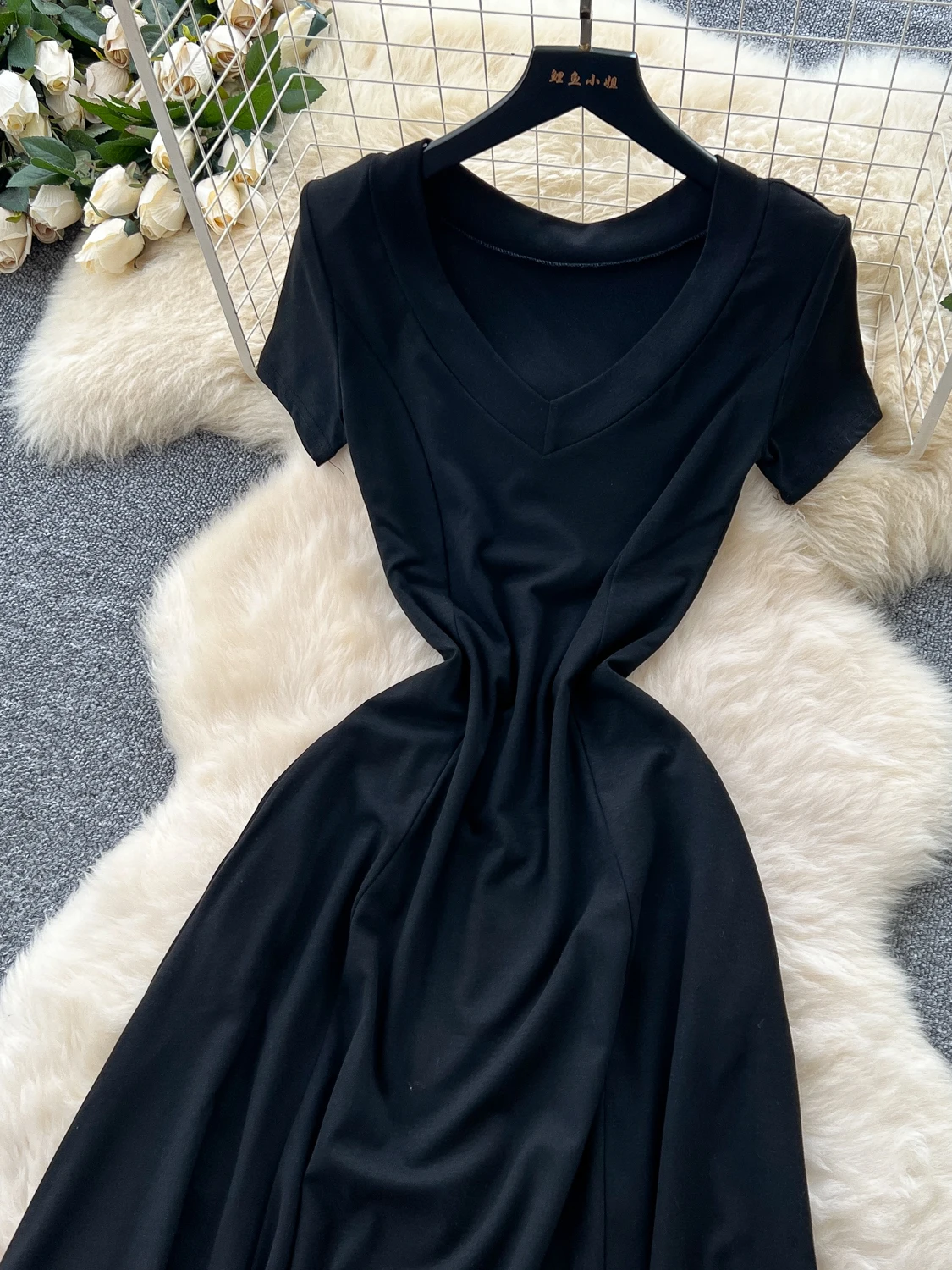 Zomer Casual Losse vrouwen Dr Koreaanse Sle V-Ne ort Sve T-shirt Lange Rok Hoge Taille A-lijn Silhouet Pendelen