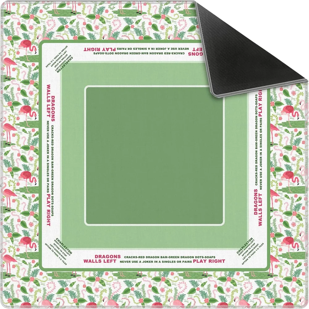 Neoprene Luxury 3mm Mahjong Mat 31.5 Inch Green Tropical Coastal Flamingo Botanical Non-slip Noise Reduction for Mahjong
