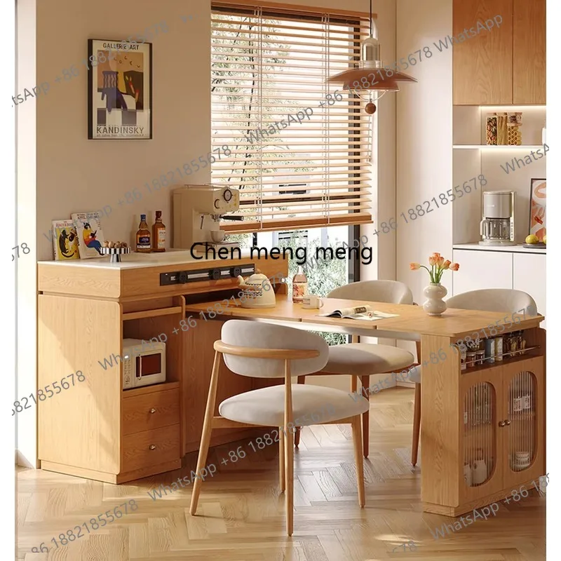 Extendable wooden dining table with integrated panel - compact home style, natural wood finish