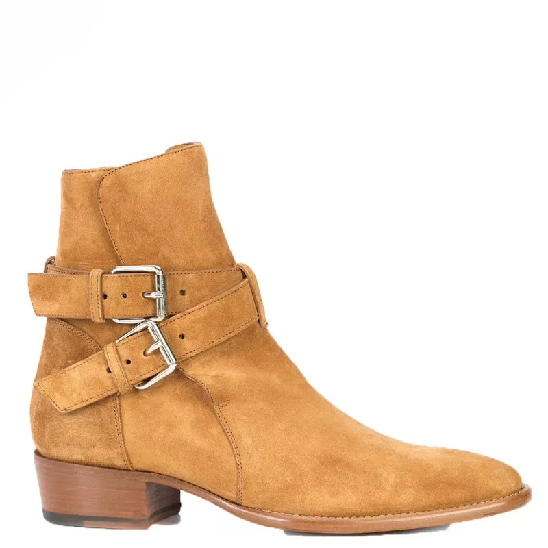 British Style Double Straps Buckle Tan Cow Suede Ankle Boots Pointed Toe Men Square Heel Slip On Chelsea Boots Zapatos Hombres