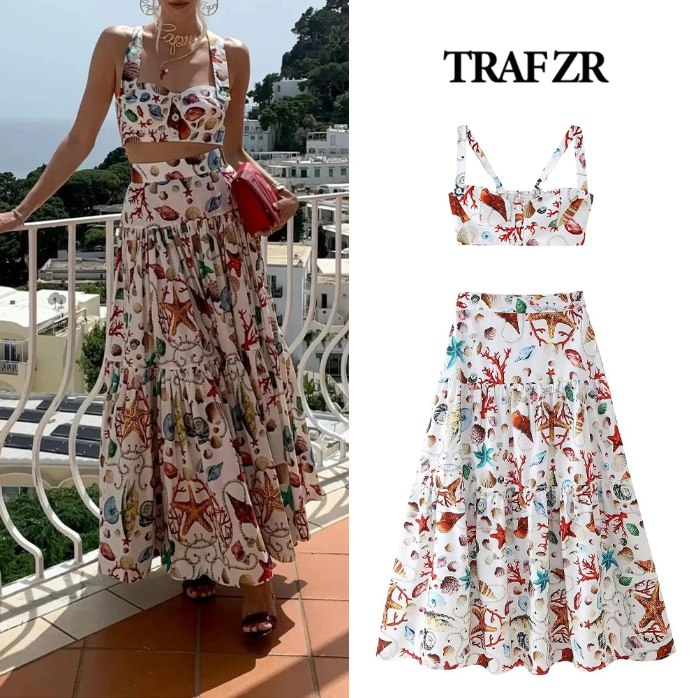 TRAF ZR Comboset Summer Women\'s Skirt Sets Elegant Chic Women 2 Piece Dress Sets Cropped Tank Top + Flowy Layered Pleated Skirt