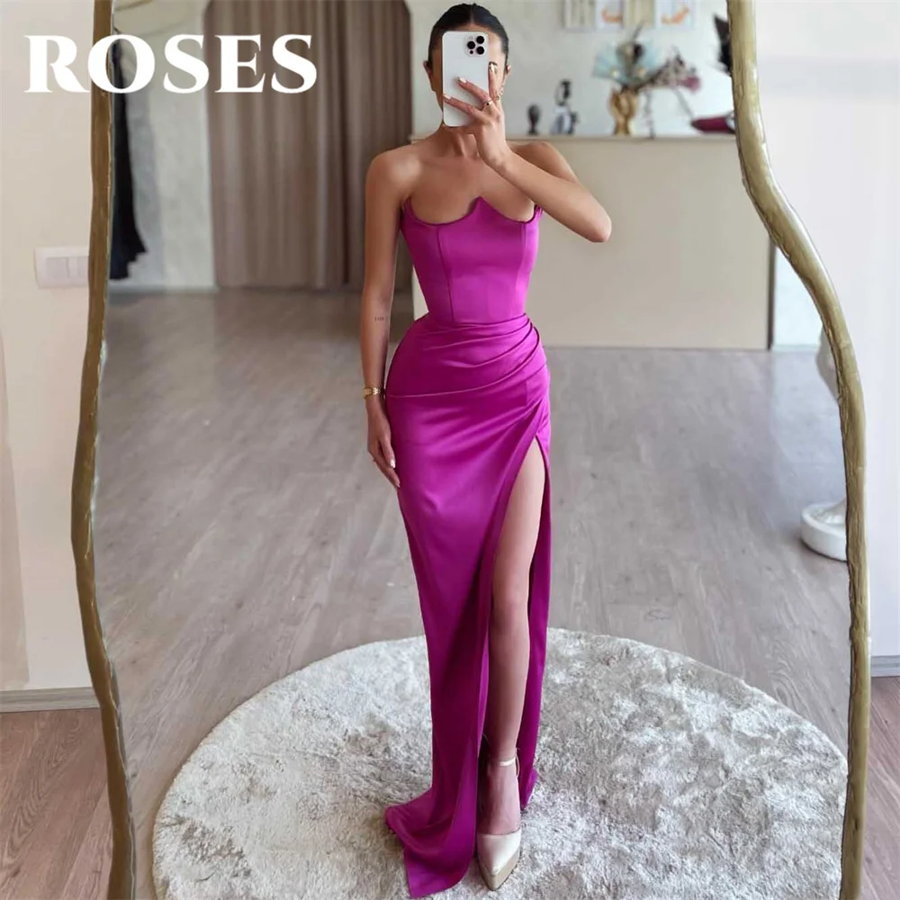 ROSES-Robe de Soirée de Forme Sirène Plissée, Tenue de Bal Violette, avec Fente Haute sur le Côté, Simple