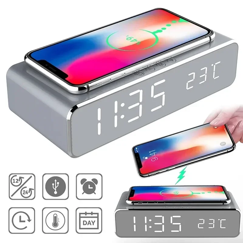 LED Digital Thermometer Earphone Phone Chargers Wireless Charger Time Alarm Clock Fast Charging Dock Station for iPhone Samsung