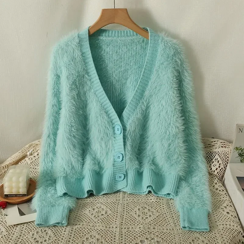 

Мягкий меховой свитер в ленивом стиле для женщин, милый свободный короткий вязаный свитер с v-образным вырезом