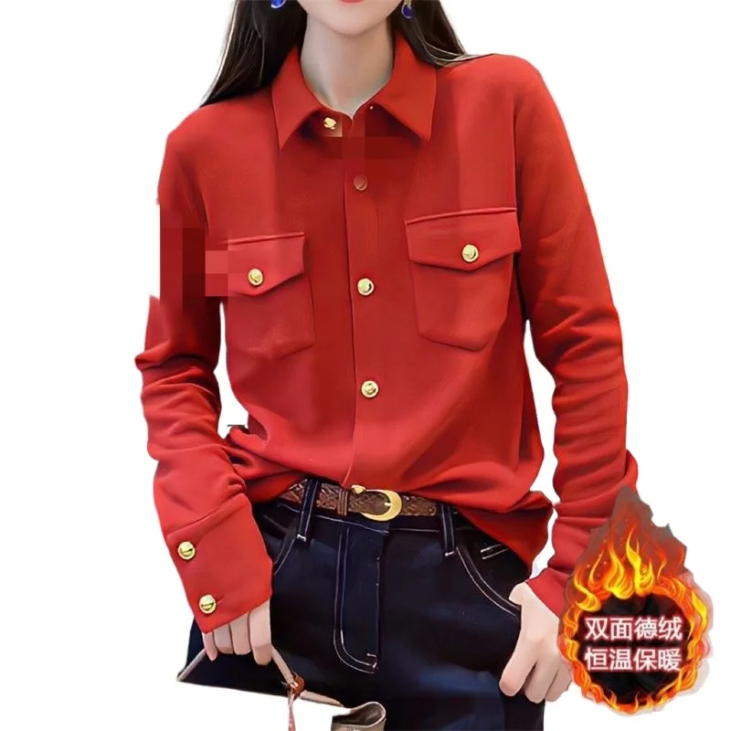 

2025 Double-Sided Velvet Autumn Winter Shirt Jacket New POLO Collar Long Sleeve Shirts Coat Fashion Retro Pocket Blouse Tops
