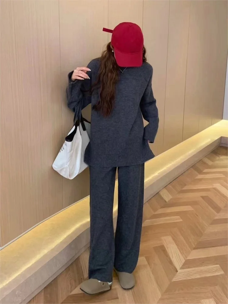 Autumn Winter Woolen Loose Knitted Two Piece Set Women Solid Half High Collar Splited Sweart+Wide Leg Pants Casual Outfits Suits