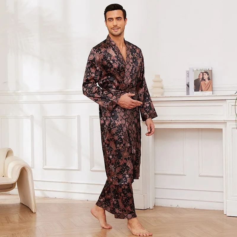 2024 Autumn New Men\'s Pajamas Long Sleeve Kimono Gown Bathrobe 2PCS Robe Trouser Suits Luxury Silky Satin Homewear Loungewear