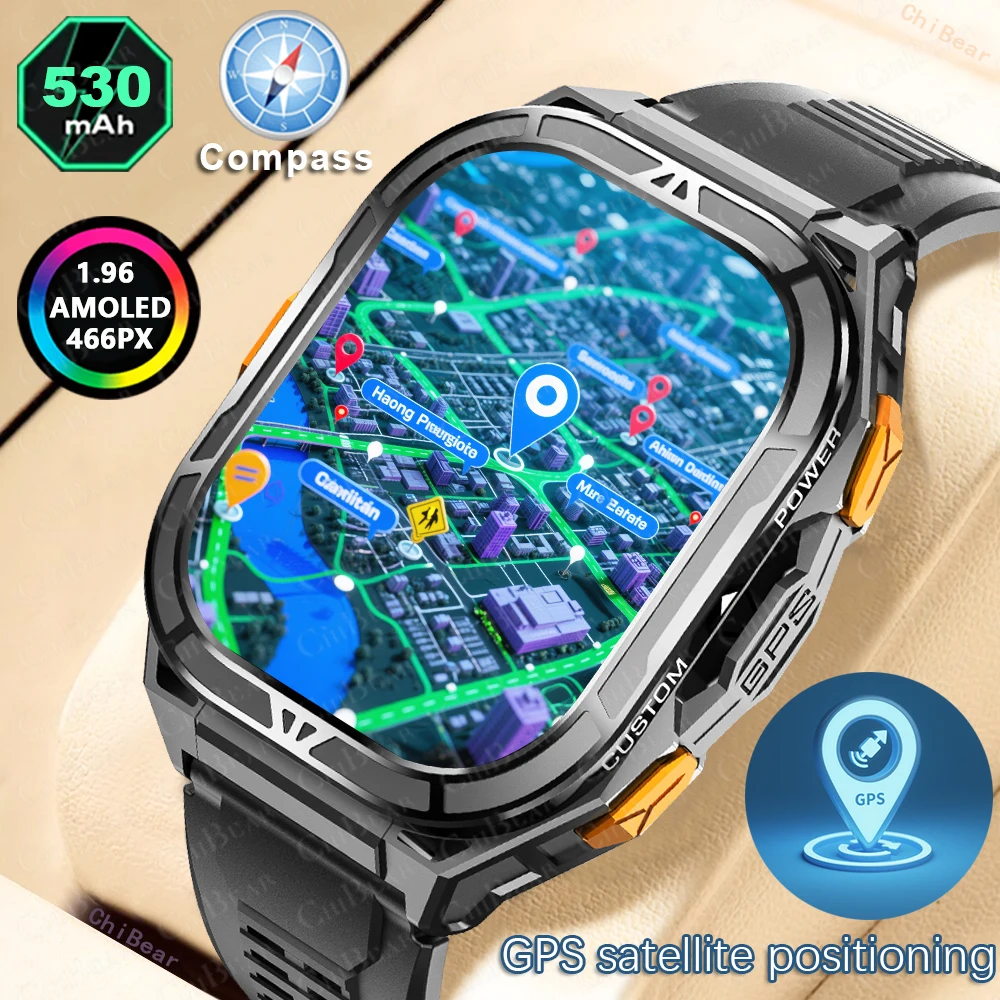 

GPS наружные спортивные смарт-часы мужчины 1,96 дюйма 466*466 AMOLED HD экран 530MAH батарея Bluetooth звонок 5ATM водонепроницаемый Smartwatch