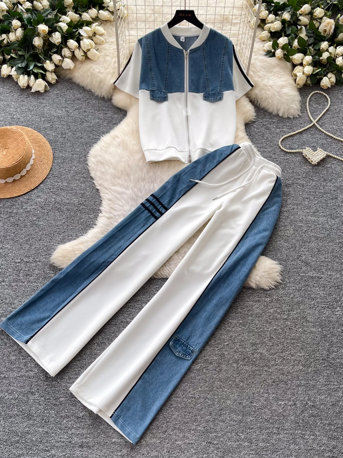 

Retro Patchwork Color Block Denim Casual Women's Two-Piece Set High Waist Wide Leg Pants Slimming Summer Fashion Commute Style