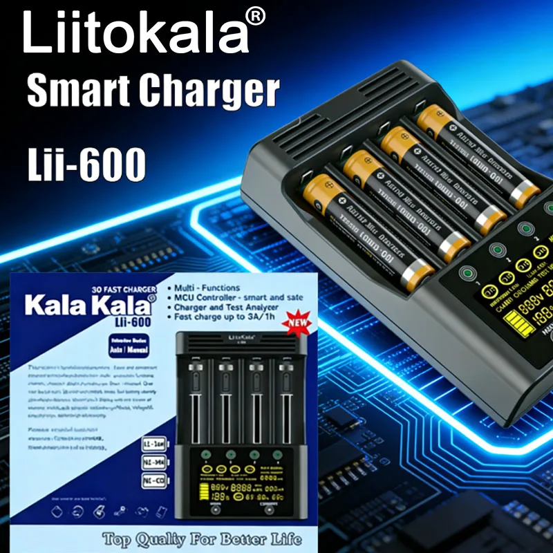 

Зарядное устройство LiitoKala Lii-600 с ЖК-дисплеем для аккумуляторов 3.7V 1.2V 18650 26650 21700 26700 AA AAA с функцией проверки емкости + автомобильное зарядное устройство