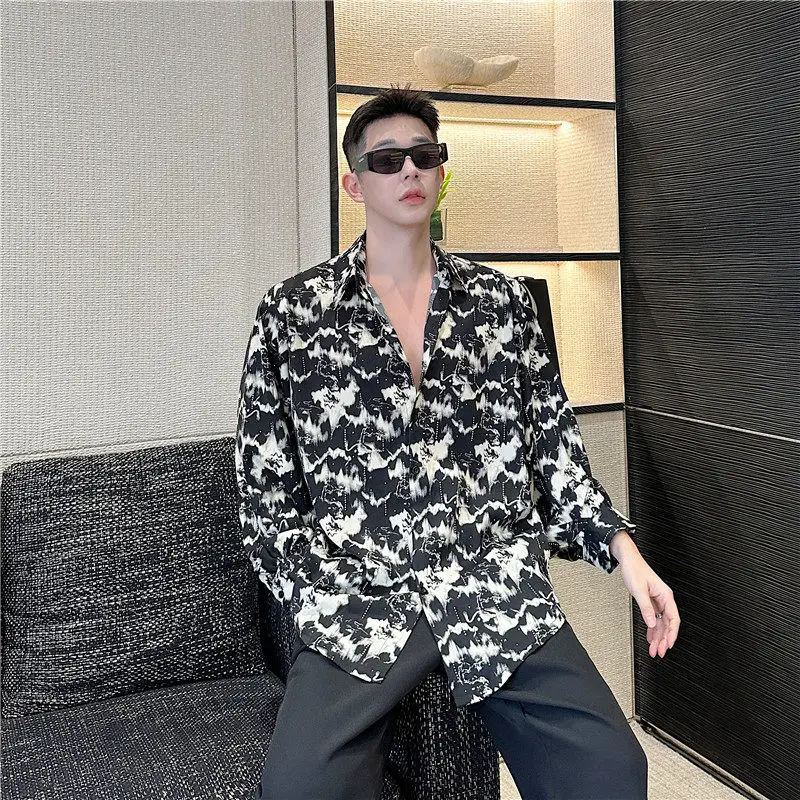 Summer New Trendy Fashion Personality Print Rhinestone Loose Casual Shirt for Men Streetwear Music Festival Stage Costume