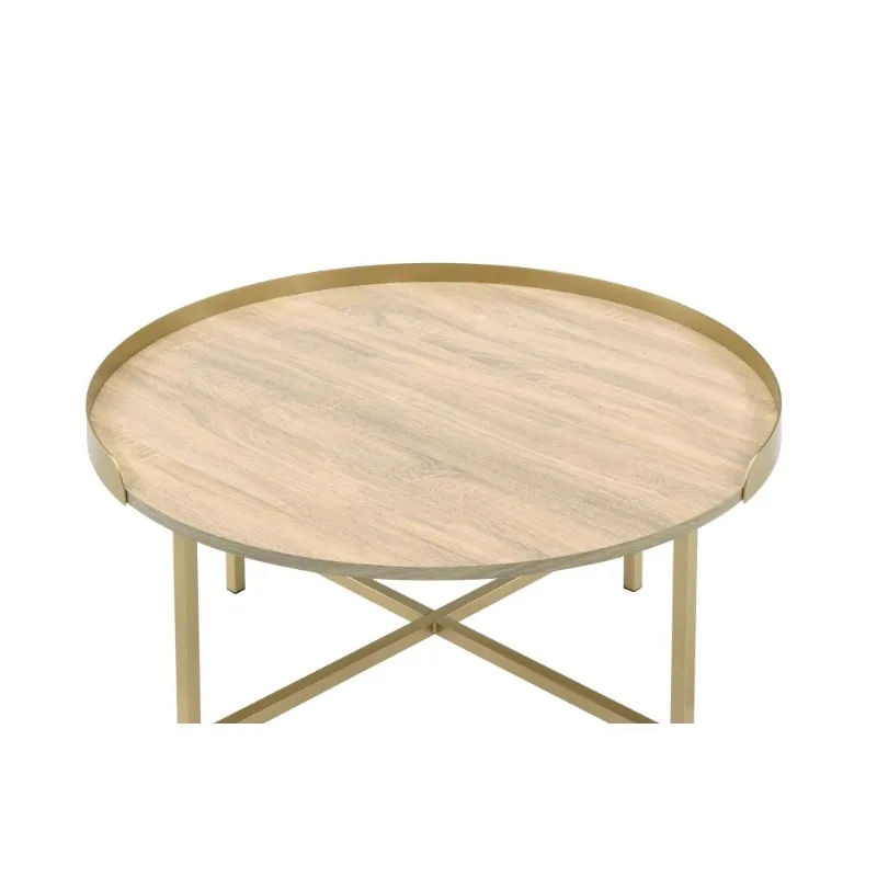 Round Coffee Table with Light Wood Top Gold Metal Frame Modern Living Room Center Table Home Furniture for Decor and Daily Use