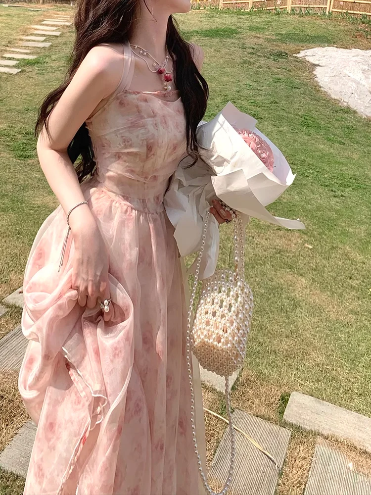 

Halterneck Dress For Women's Pink Rose Chiffon Clothing 2024 New Summer Elegant Party Korean Fashion Floral Long Dresses.