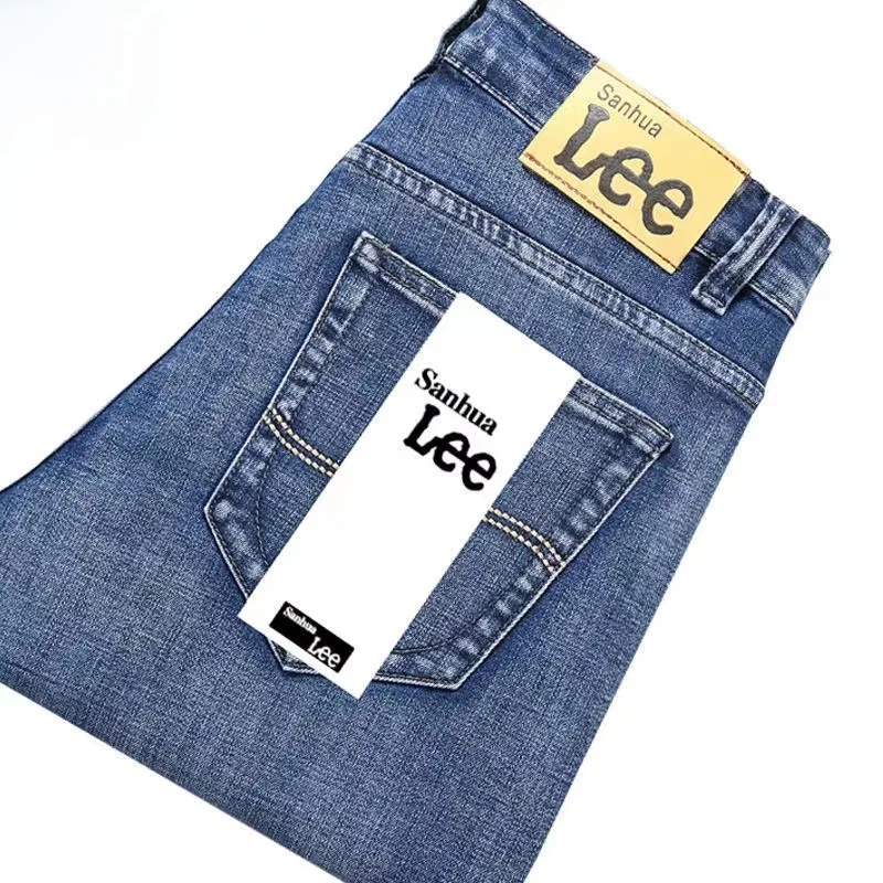 Busin Casual Thiened Elastic Denim Jeans Men's Loose Straight Leg Casual Large Size High Waist Wear-resistant Long Pants