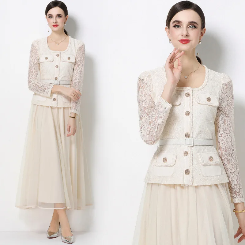 

Women Luxury 2piece Large Mesh Dress Round Neck Lace Elegant Party Evening Formal Dress