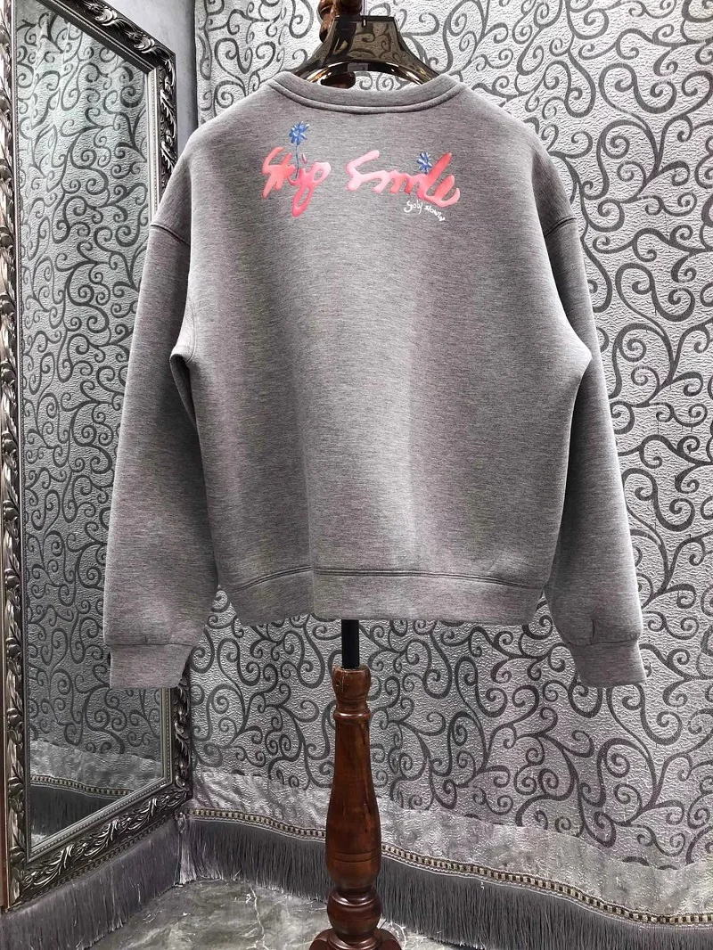 High Quality New Hoodies 2025 Spring Fashion Tops Women Colorful Floral Print Embroidery Long Sleeve Grey Dark Blue Jumpers