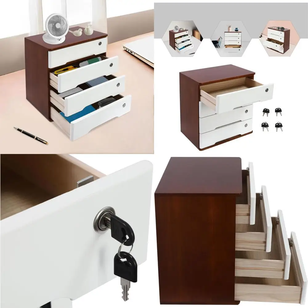 

Lockable 4-Drawer Wood Desk Organizer, Home Office Tabletop Storage Cabinet, 15.75x11.02x15.94, Dark Brown & White